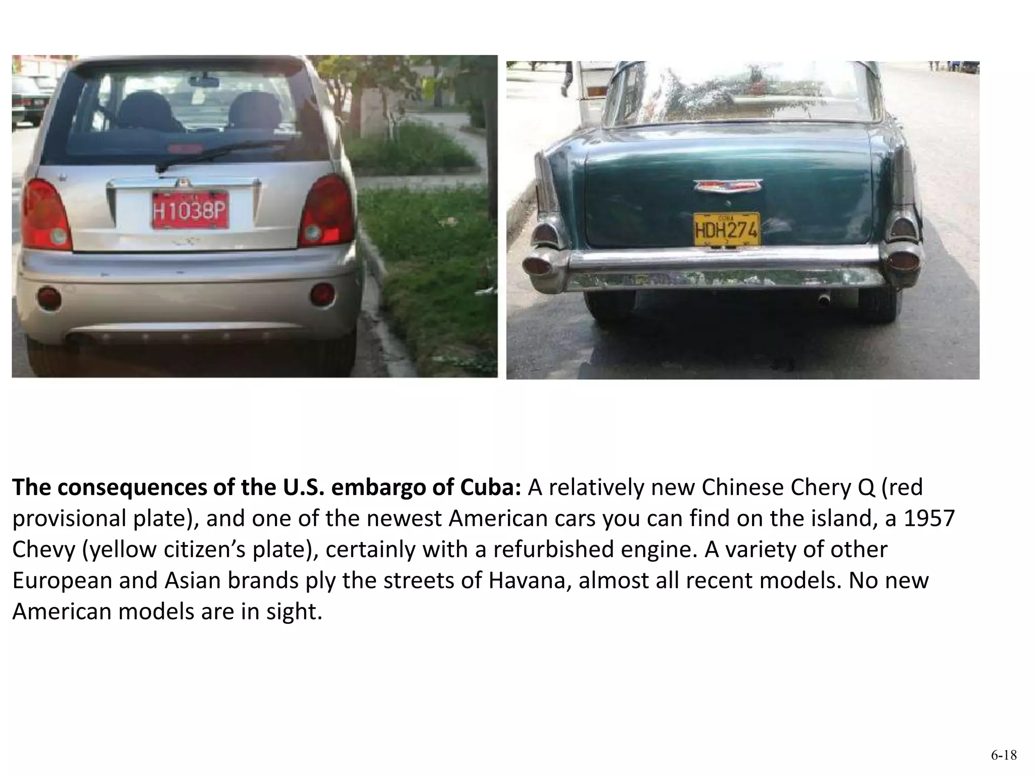 The consequences of the U.S. embargo of Cuba: A relatively new Chinese Chery Q (red
provisional plate), and one of the newest American cars you can find on the island, a 1957
Chevy (yellow citizen’s plate), certainly with a refurbished engine. A variety of other
European and Asian brands ply the streets of Havana, almost all recent models. No new
American models are in sight.
6-18
 