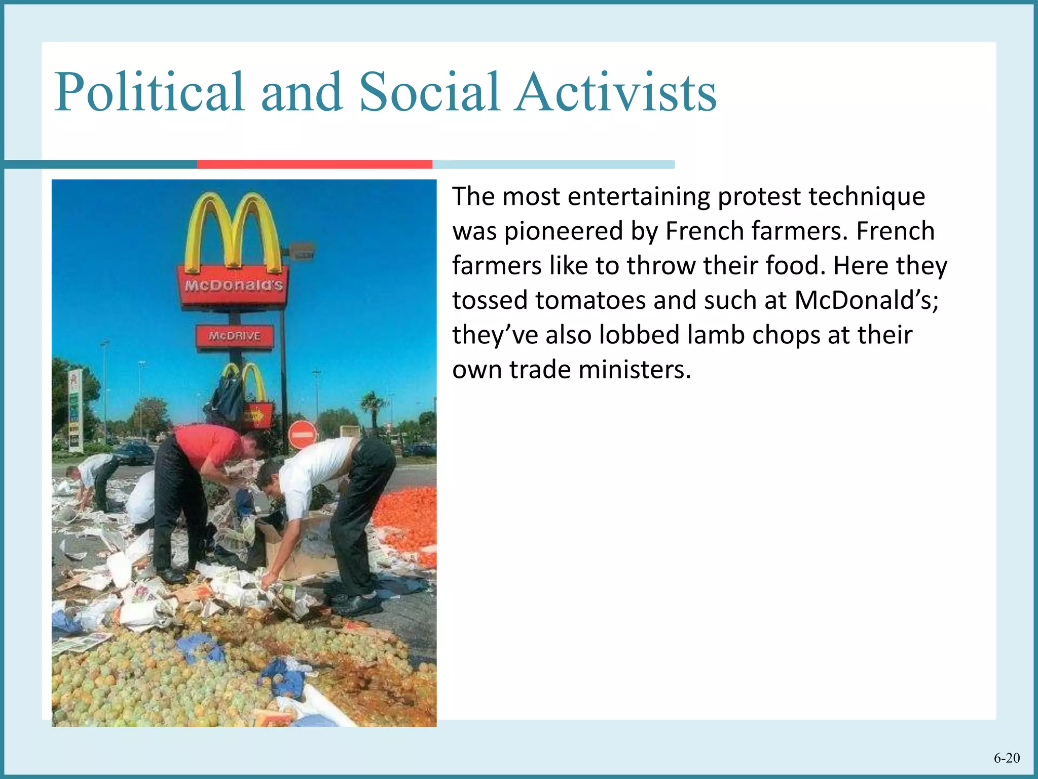 6-20
Political and Social Activists
The most entertaining protest technique
was pioneered by French farmers. French
farmers like to throw their food. Here they
tossed tomatoes and such at McDonald’s;
they’ve also lobbed lamb chops at their
own trade ministers.
 