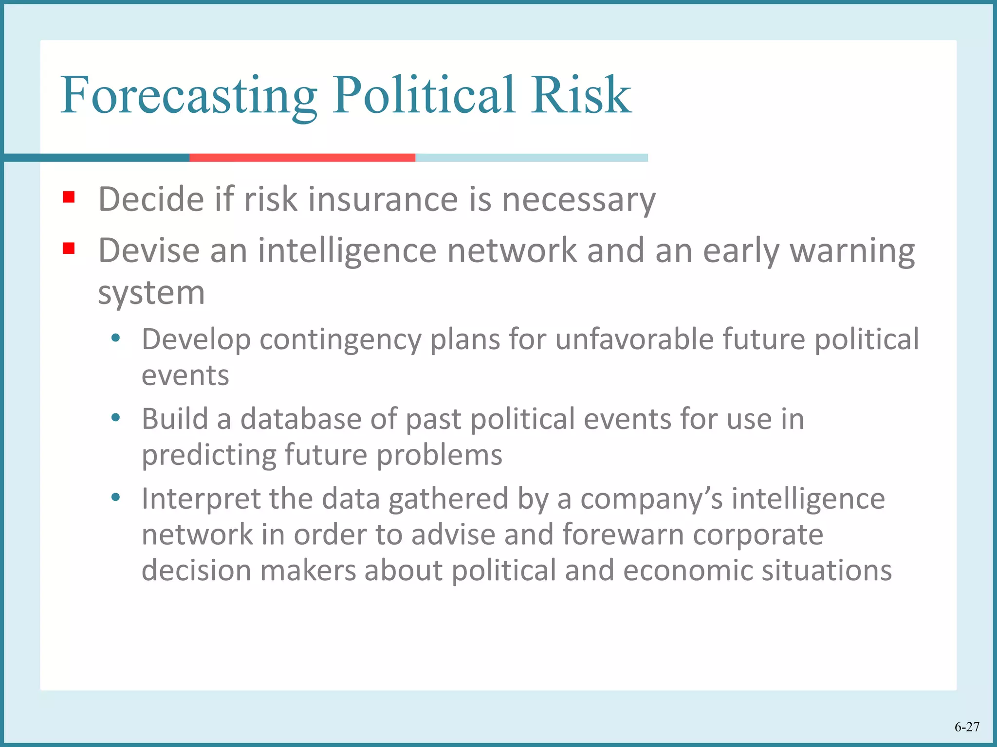 6-27
Forecasting Political Risk
 Decide if risk insurance is necessary
 Devise an intelligence network and an early warning
system
• Develop contingency plans for unfavorable future political
events
• Build a database of past political events for use in
predicting future problems
• Interpret the data gathered by a company’s intelligence
network in order to advise and forewarn corporate
decision makers about political and economic situations
 