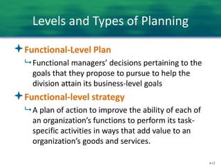 6-12
Levels and Types of Planning
Functional-Level Plan
 Functional managers’ decisions pertaining to the
goals that they propose to pursue to help the
division attain its business-level goals
Functional-level strategy
 A plan of action to improve the ability of each of
an organization’s functions to perform its task-
specific activities in ways that add value to an
organization’s goods and services.
 