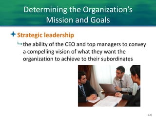 6-20
Determining the Organization’s
Mission and Goals
Strategic leadership
 the ability of the CEO and top managers to convey
a compelling vision of what they want the
organization to achieve to their subordinates
 