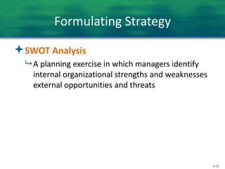 6-22
Formulating Strategy
SWOT Analysis
 A planning exercise in which managers identify
internal organizational strengths and weaknesses
external opportunities and threats
 