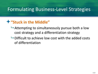 6-25
Formulating Business-Level Strategies
“Stuck in the Middle”
 Attempting to simultaneously pursue both a low
cost strategy and a differentiation strategy
 Difficult to achieve low cost with the added costs
of differentiation
 