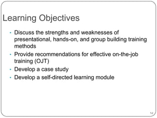 Learning Objectives
• Discuss the strengths and weaknesses of

presentational, hands-on, and group building training
methods
• Provide recommendations for effective on-the-job
training (OJT)
• Develop a case study
• Develop a self-directed learning module

7-2

 