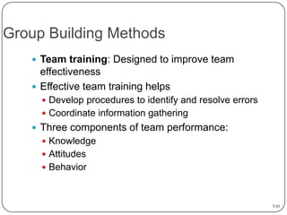 Group Building Methods
 Team training: Designed to improve team

effectiveness
 Effective team training helps
 Develop procedures to identify and resolve errors
 Coordinate information gathering

 Three components of team performance:
 Knowledge
 Attitudes
 Behavior

7-33

 