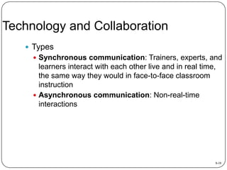 Technology and Collaboration
 Types
 Synchronous communication: Trainers, experts, and

learners interact with each othe...