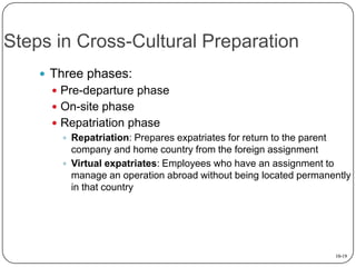 Steps in Cross-Cultural Preparation
 Three phases:
 Pre-departure phase

 On-site phase
 Repatriation phase
 Repatria...