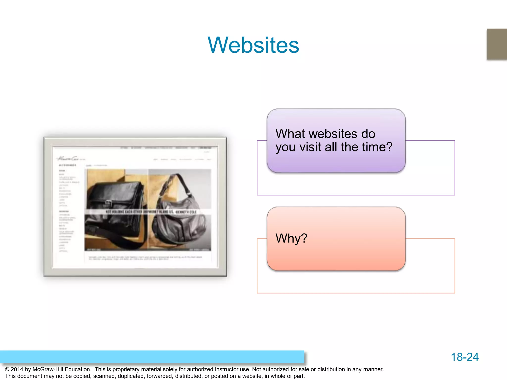 18-24
© 2014 by McGraw-Hill Education. This is proprietary material solely for authorized instructor use. Not authorized for sale or distribution in any manner.
This document may not be copied, scanned, duplicated, forwarded, distributed, or posted on a website, in whole or part.
Websites
What websites do
you visit all the time?
Why?
 