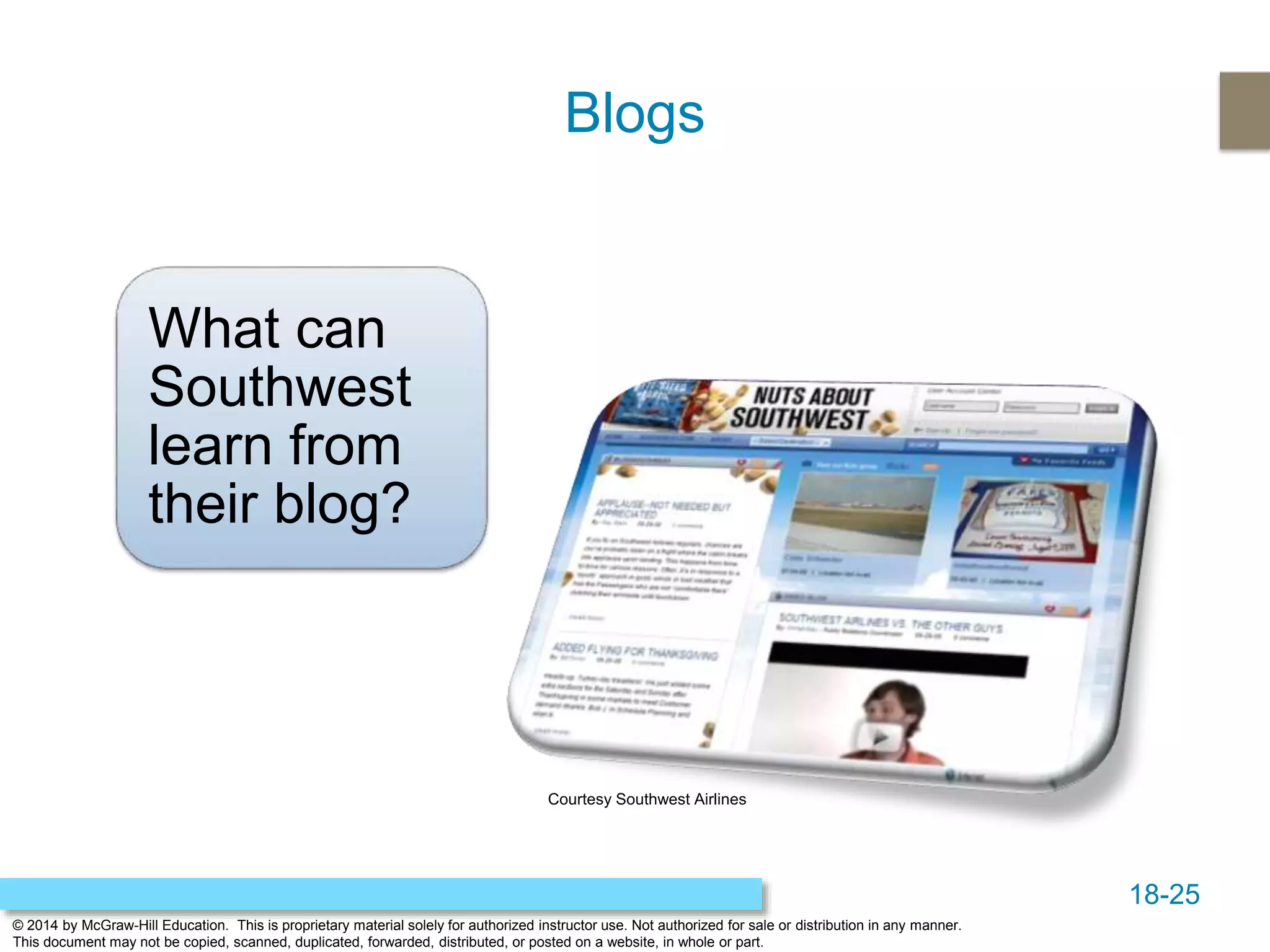 18-25
© 2014 by McGraw-Hill Education. This is proprietary material solely for authorized instructor use. Not authorized for sale or distribution in any manner.
This document may not be copied, scanned, duplicated, forwarded, distributed, or posted on a website, in whole or part.
Blogs
What can
Southwest
learn from
their blog?
Courtesy Southwest Airlines
 