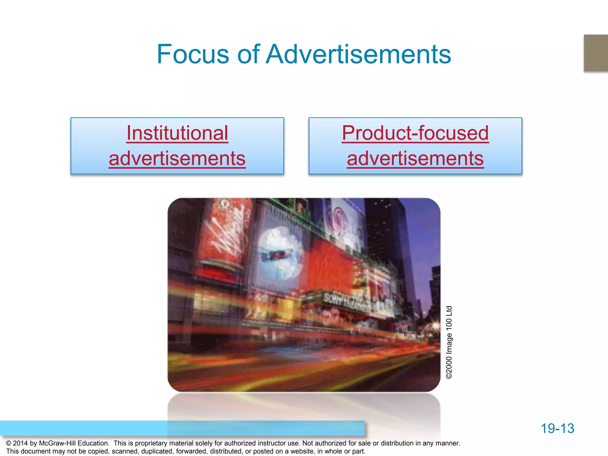 19-13
© 2014 by McGraw-Hill Education. This is proprietary material solely for authorized instructor use. Not authorized for sale or distribution in any manner.
This document may not be copied, scanned, duplicated, forwarded, distributed, or posted on a website, in whole or part.
Product-focused
advertisements
Institutional
advertisements
Focus of Advertisements
©2000Image100Ltd
 