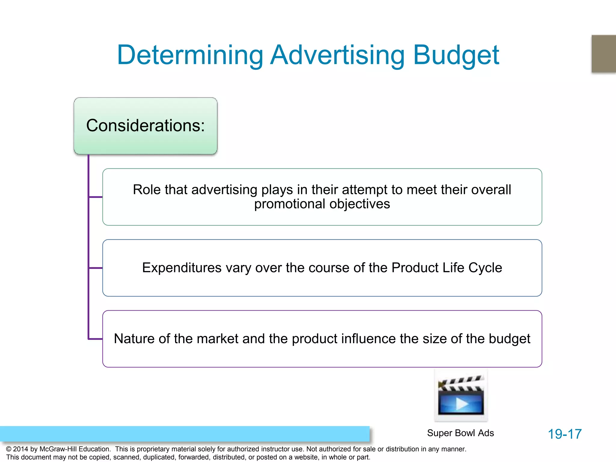 19-17
© 2014 by McGraw-Hill Education. This is proprietary material solely for authorized instructor use. Not authorized for sale or distribution in any manner.
This document may not be copied, scanned, duplicated, forwarded, distributed, or posted on a website, in whole or part.
Determining Advertising Budget
Super Bowl Ads
Considerations:
Role that advertising plays in their attempt to meet their overall
promotional objectives
Expenditures vary over the course of the Product Life Cycle
Nature of the market and the product influence the size of the budget
 
