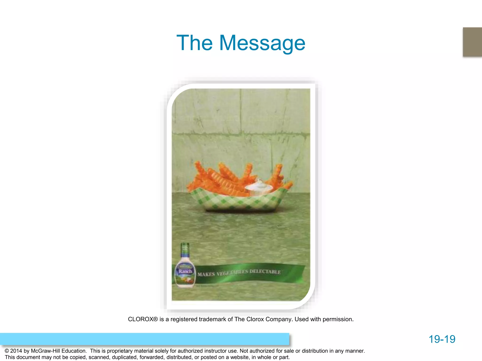 19-19
© 2014 by McGraw-Hill Education. This is proprietary material solely for authorized instructor use. Not authorized for sale or distribution in any manner.
This document may not be copied, scanned, duplicated, forwarded, distributed, or posted on a website, in whole or part.
The Message
CLOROX® is a registered trademark of The Clorox Company. Used with permission.
 