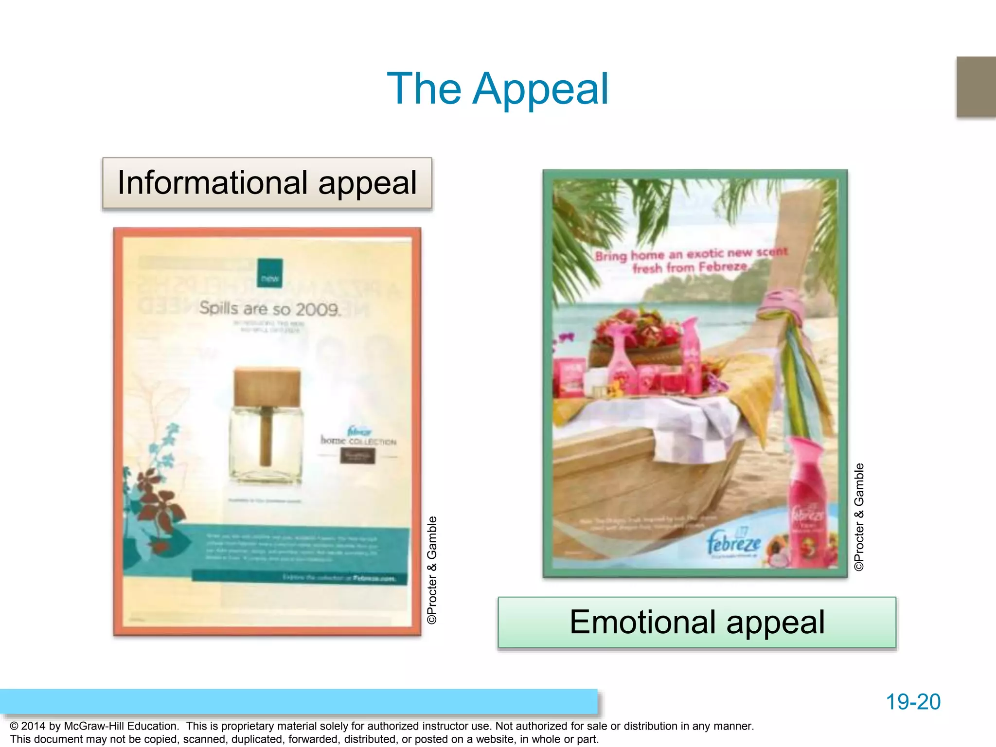 19-20
© 2014 by McGraw-Hill Education. This is proprietary material solely for authorized instructor use. Not authorized for sale or distribution in any manner.
This document may not be copied, scanned, duplicated, forwarded, distributed, or posted on a website, in whole or part.
The Appeal
Emotional appeal
Informational appeal
©Procter&Gamble
©Procter&Gamble
 