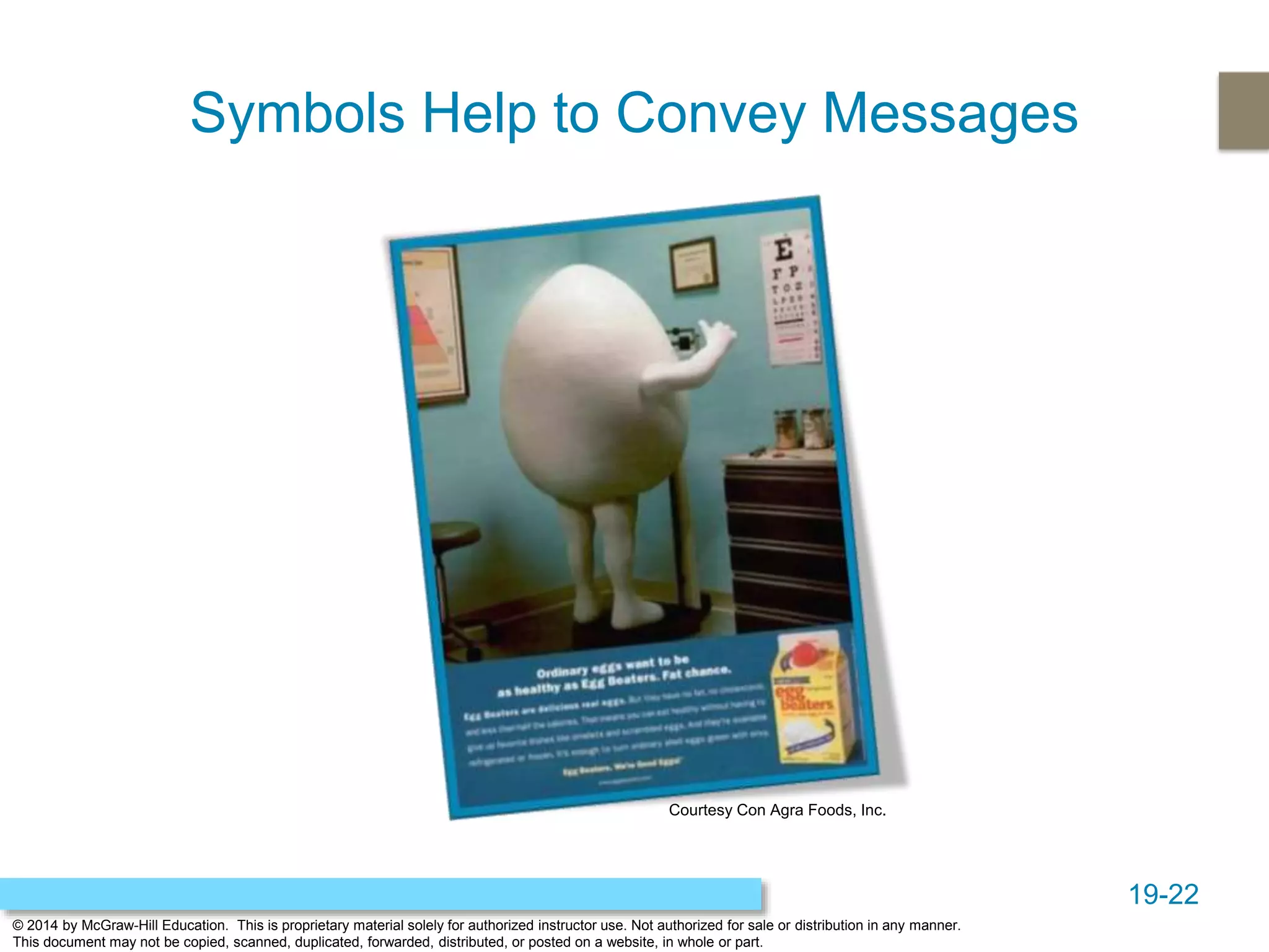 19-22
© 2014 by McGraw-Hill Education. This is proprietary material solely for authorized instructor use. Not authorized for sale or distribution in any manner.
This document may not be copied, scanned, duplicated, forwarded, distributed, or posted on a website, in whole or part.
Symbols Help to Convey Messages
Courtesy Con Agra Foods, Inc.
 