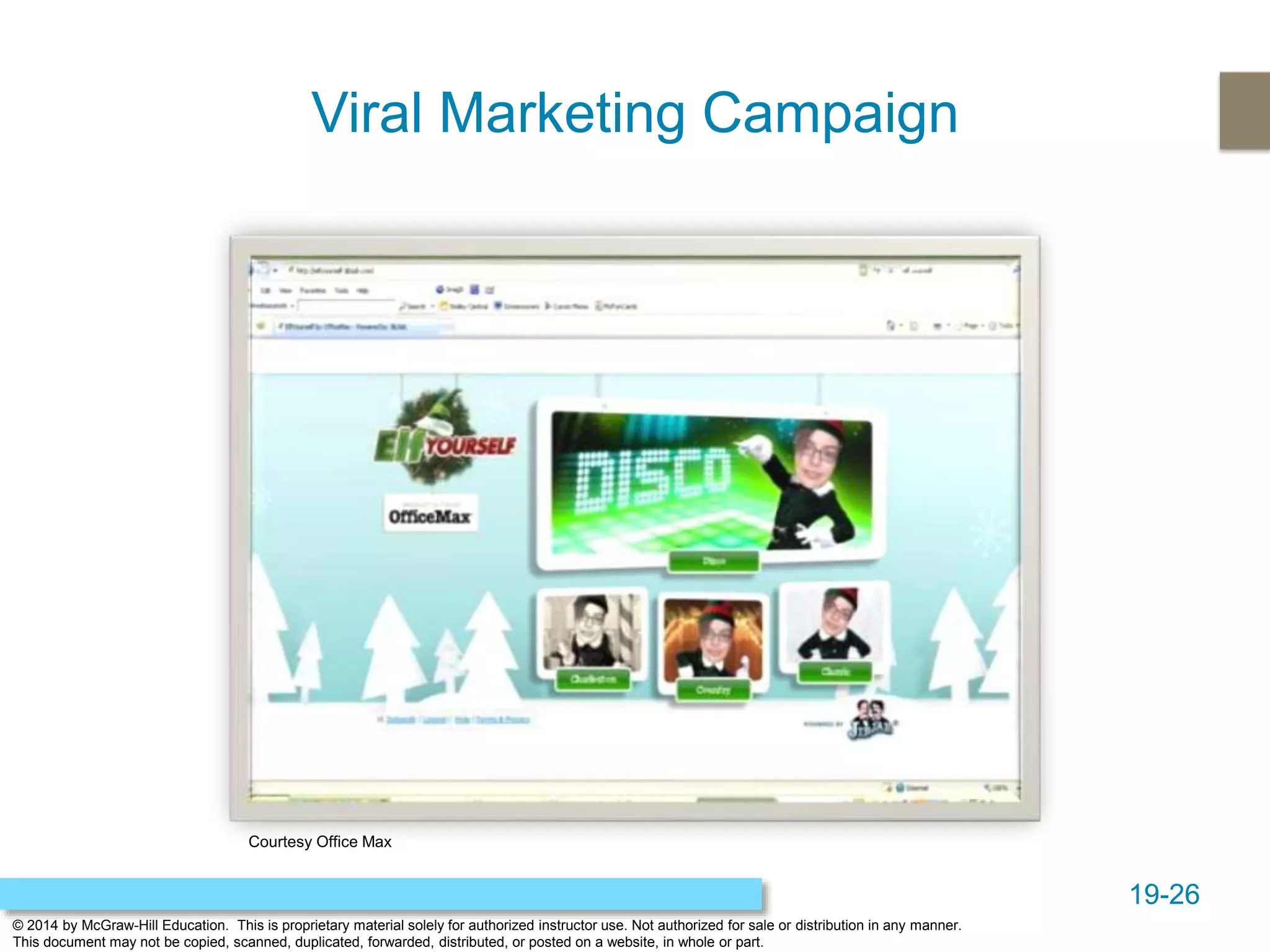 19-26
© 2014 by McGraw-Hill Education. This is proprietary material solely for authorized instructor use. Not authorized for sale or distribution in any manner.
This document may not be copied, scanned, duplicated, forwarded, distributed, or posted on a website, in whole or part.
Viral Marketing Campaign
Courtesy Office Max
 