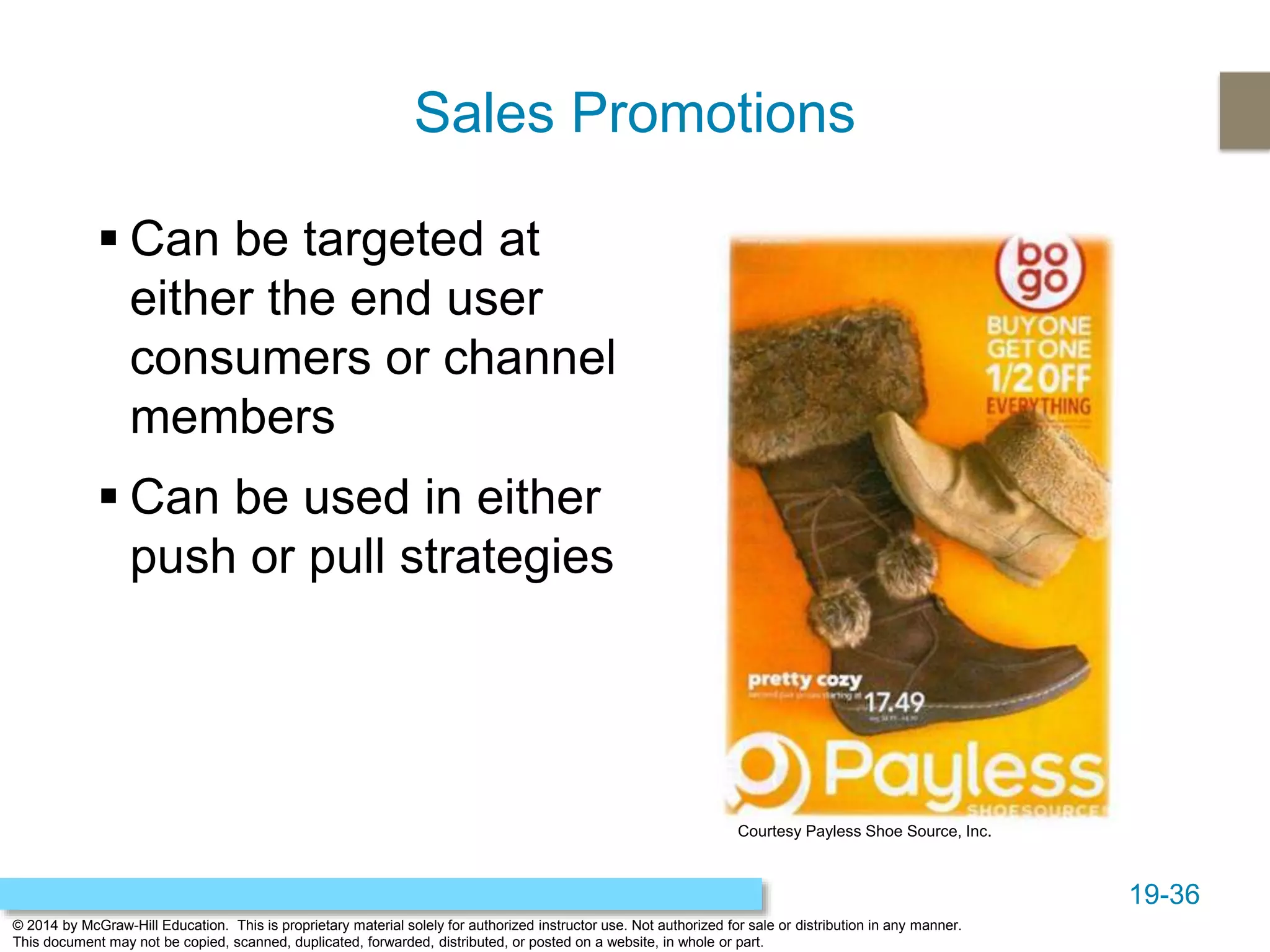 19-36
© 2014 by McGraw-Hill Education. This is proprietary material solely for authorized instructor use. Not authorized for sale or distribution in any manner.
This document may not be copied, scanned, duplicated, forwarded, distributed, or posted on a website, in whole or part.
Sales Promotions
 Can be targeted at
either the end user
consumers or channel
members
 Can be used in either
push or pull strategies
Courtesy Payless Shoe Source, Inc.
 