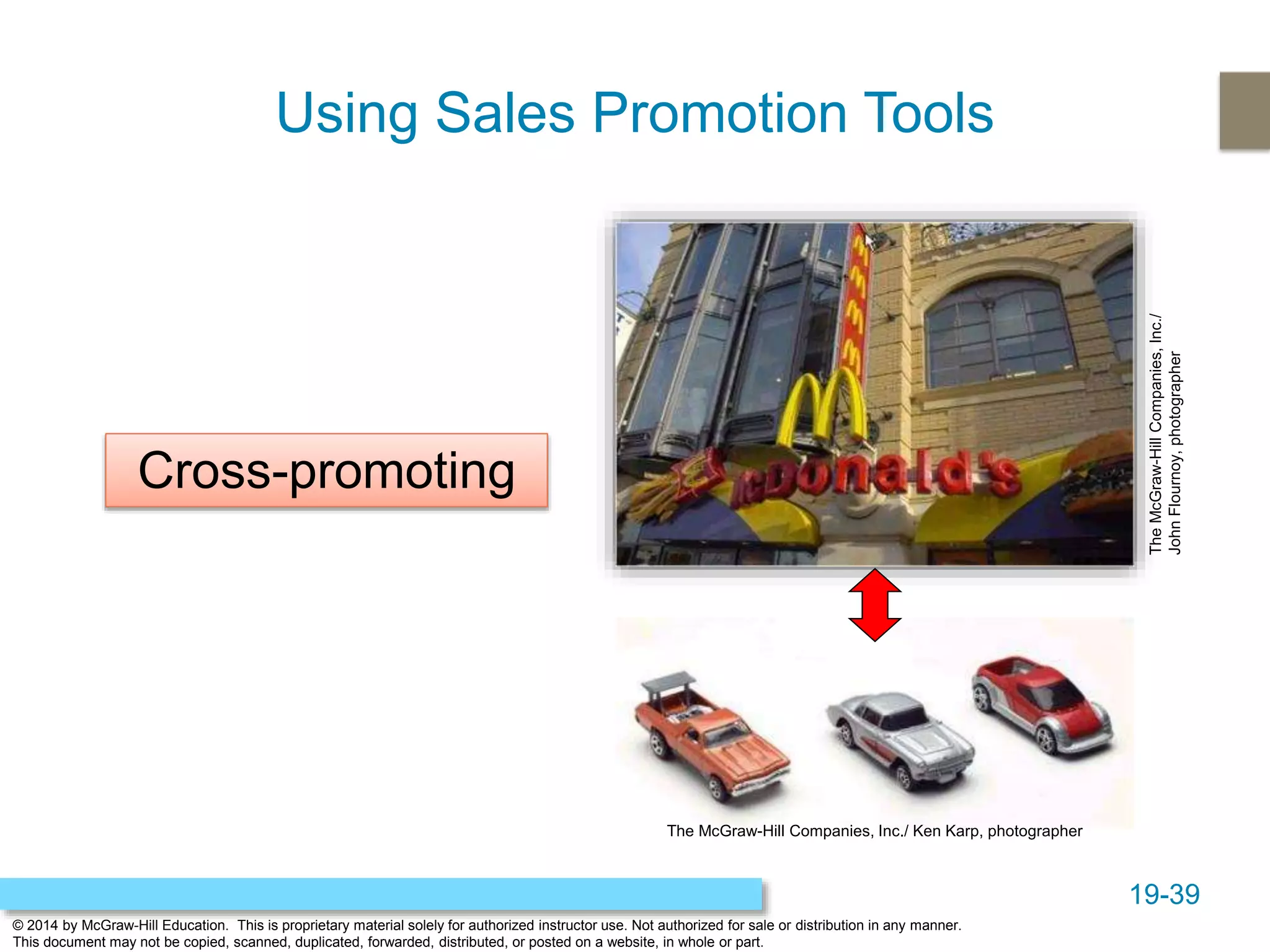 19-39
© 2014 by McGraw-Hill Education. This is proprietary material solely for authorized instructor use. Not authorized for sale or distribution in any manner.
This document may not be copied, scanned, duplicated, forwarded, distributed, or posted on a website, in whole or part.
Using Sales Promotion Tools
Cross-promoting
TheMcGraw-HillCompanies,Inc./
JohnFlournoy,photographer
The McGraw-Hill Companies, Inc./ Ken Karp, photographer
 