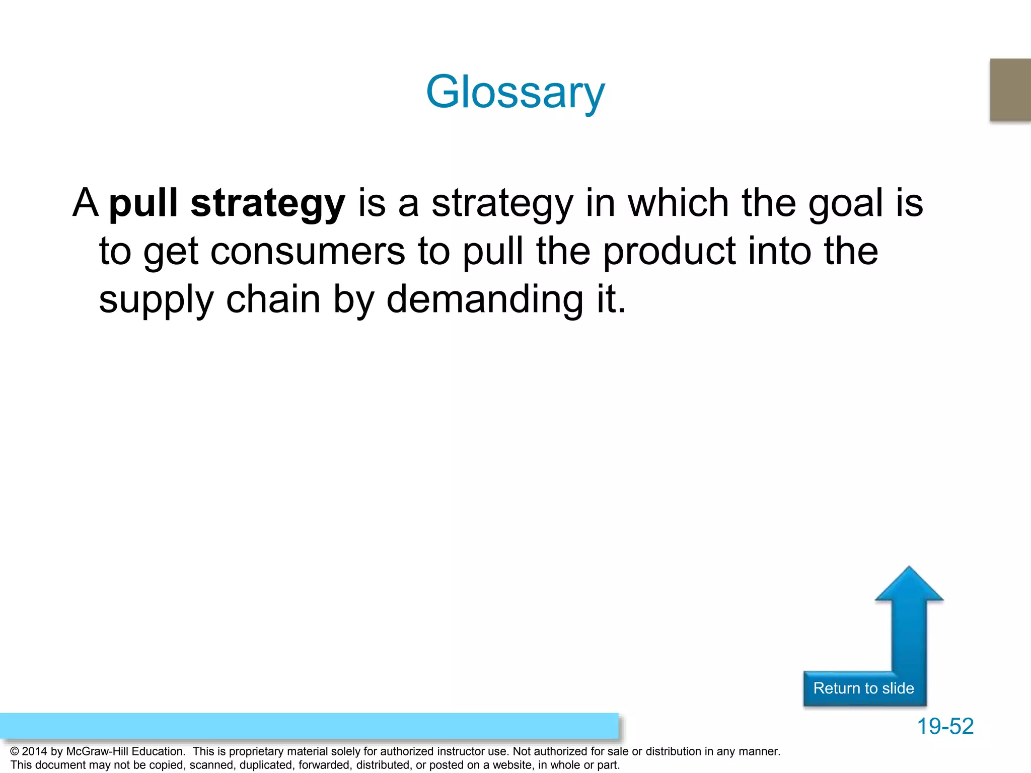 19-52
© 2014 by McGraw-Hill Education. This is proprietary material solely for authorized instructor use. Not authorized for sale or distribution in any manner.
This document may not be copied, scanned, duplicated, forwarded, distributed, or posted on a website, in whole or part.
Return to slide
A pull strategy is a strategy in which the goal is
to get consumers to pull the product into the
supply chain by demanding it.
Glossary
 
