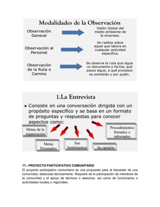 17.- PROYECTO PARTICIPATIVO COMUNITARIO
El proyecto participativo comunitario es una propuesta para el bienestar de una
comunidad, elaborada técnicamente. Requiere de la participación de miembros de
la comunidad y el apoyo de técnicos o asesores, así como de funcionarios o
autoridades locales o regionales.
 