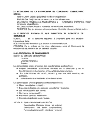 4.- ELEMENTOS DE LA ESTRUCTURA DE COMUNIDAD (ESTRUCTURA
SOCIAL)
TERRITORIO: Espacio geográfico donde vive la población
POBLACIÓN: Conjuntos de personas que actúan e interactúan.
DEMANDAS, PROBLEMAS, NECESIDADES E INTERESES COMUNES: Hacer
consciente a la población.
RECURSOS DISPONIBLES: Humanos, infraestructura, financieros.
ACCIONES: Son las acciones intracomunitarias (dentro) e intercomunitarias (entre).
5.- ELEMENTOS ESENCIALES QUE COMPONEN EL CONCEPTO DE
COMUNIDAD
NORMA: Es la conducta requerida o aceptable para una situación
interaccional dada.
ROL: Subconjunto de normas que apuntan a una misma función.
POSICIÓN: Es la síntesis de los roles relacionados entre sí. Representa la
ubicación de las personas en los sistemas sociales
6.- CLASIFICACIÓN DE COMUNIDADES
SEGÚN SU ESPACIO GEOGRAFICO:
Urbanas
Urbanas-marginales
Rurales
Las comunidades rurales presentan tres características que la definen:
 Acogen actividades económicas basadas en la obtención y en la
transformación de las materias primas y los recursos naturales.
 Son colectividades de tamaño limitado y con una débil densidad de
población.
 Los lazos entre sus habitantes son más estrechos.
Las comunidades urbanas presentan estas características:
 Mayor densidad de población.
 Espacios dedicados a los sectores secundarios y terciarios.
 Las construcciones son sólidas.
 Hay mayor contaminación.
 Hay mayor cantidad de servicios.
 Coexisten la pobreza con la riqueza.
SEGÚN SU FINALIDAD DE ORGANIZACIÓN:
Estructurales (Espacio donde se asienta)
Emocionales (del sentir conjuntamente)
Funcionales (Interacción miembros y entorno)
 