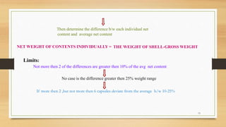 Then determine the difference b/w each individual net
content and average net content
NET WEIGHT OF CONTENTS INDIVIDUALLY = THE WEIGHT OF SHELL-GROSS WEIGHT
Not more then 2 of the differences are greater then 10% of the avg net content
Limits:
No case is the difference greater then 25% weight range
If more then 2 ,but not more then 6 capsules deviate from the average b/w 10-25%
15
 