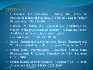 9/15/2019 RAJPUROHIT 23
REFERENCES :
1. L Lachman, HA Lieberman, JL Kanig. The Theory and
Practice of Industrial Pharmacy, 3rd Edition, Lea & Febiger,
Philadelphia, 1986, 374-398.
2. Haleem RM, Salem MY, Fatahallah FA, Abdelfattah LE.
Quality in the pharmaceutical industry - A literature review.
Available:http://www.sciencedirect.com/sci
ence/article/pii/S1319016413001114.
3. Indian Pharmacopoeia Commission. Indian Pharmacopoeia.
7th ed. Ghaziabad: Indian Pharmacopoeia Commission; 2014.
4. United States Pharmacopeial Convention. United States
Pharmacopoeia 33-National Formulary 28. USA: Stationery
Office; 2010.
5. British Journal of Pharmaceutical Research 9(2): 1-9, 2016,
Article no.BJPR.22044 ISSN: 2231-2919.
 