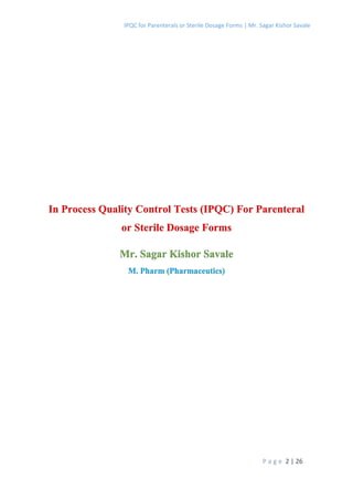 In Process Quality Control Tests (IPQC) For Parenteral or Sterile Dosage Forms