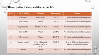 Disintegration testing conditions as per BP:
S.NO Type of tablets Medium Temperature Limit
1 Un coated Waterbuffer 37±2o C 15 min or as individual monograph
2 Film coated Water 37±2o C 30 min or as individual monograph
3 Sugar coated Water0.1N HCl 37±2o C 60 min or as individual monograph
4 Dispersible Water 20±5o C 03 min or as individual monograph
5 Effervescent Water 20±5o C 05 min or as individual monograph
6 Enteric coated 0.1M HCl mixed
phosphate buffer pH
6.8
37±2o C 2 hr in HCl : no disintegration
60 min in buffer disintegrate
7 Soluble Water 20±5o C 03 min or as individual monograph
 