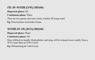 OIL-IN-WATER (O/W) CREAMS:
Dispersed phase: Oil
Continuous phase: Water
They are less greasy and more easily washed off using water.
Eg: Fluocinolone Acetonide Cream.
WATER-IN-OIL (W/O) CREAMS:
Dispersed phase: Water
Continuous phase: Oil
More difficult to handle. Hydrophobic and drug will be released more readily from a
W/O cream than an O/W Cream.
Eg: Moisturizing & Cold Cream.
 