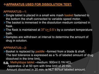 14
APPARATUS USED FOR DISSOLUTION TEST:
APPARATUS—1:
Single tablet is placed in a small wire mash basket fastened to
the bottom the shaft connected to variable speed motor.
The basket is immersed in the dissolution medium contained in
flask.
The flask is maintained at 37˚c+ 0.5˚c by a constant temperature
bath.
Samples are withdrawn at interval to determine the amount of
drug in solution.
APPARATUS—2:
Basket is replaced by paddle –formed from a blade & shaft.
The test tolerance is expressed as a % of labeled amount of drug
dissolved in the time limit.
e.g. Methyldopa tablet –medium: 900ml 0.1N HCL.
Apparatus -2 at 50 rpm with time limit of 20 min.
Amount dissolved in 20 min. is NLT 80%of labeled amount.
 