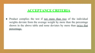 ACCEPTANCE CRITERIA
● Product complies the test if not more than two of the individual
weights deviate from the average weight by more than the percentage
shown in the above table and none deviates by more than twice that
percentage.
 
