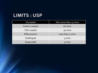 LIMITS : USP
Uncoated Not more than 15 mins
Enteric coated 60 mins
Film coated 30 mins
Effervescent Less than 5 mins
Sublingual 3 mins
Dispersible 3 mins
 