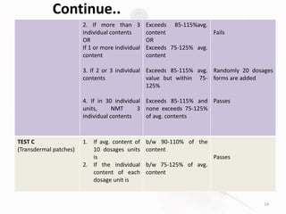 Continue..
2. If more than 3
individual contents
OR
If 1 or more individual
content
3. If 2 or 3 individual
contents
4. If in 30 individual
units, NMT 3
individual contents
Exceeds 85-115%avg.
content
OR
Exceeds 75-125% avg.
content
Exceeds 85-115% avg.
value but within 75-
125%
Exceeds 85-115% and
none exceeds 75-125%
of avg. contents
Fails
Randomly 20 dosages
forms are added
Passes
TEST C
(Transdermal patches)
1. If avg. content of
10 dosages units
is
2. If the individual
content of each
dosage unit is
b/w 90-110% of the
content
b/w 75-125% of avg.
content
Passes
14
 
