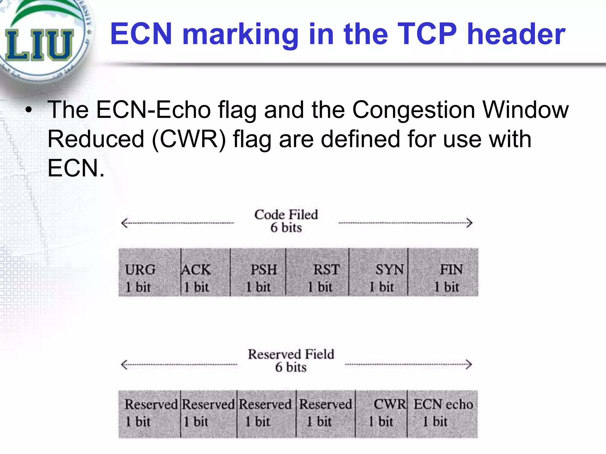 ECN marking in the TCP header
• The ECN-Echo flag and the Congestion Window
Reduced (CWR) flag are defined for use with
ECN.

 