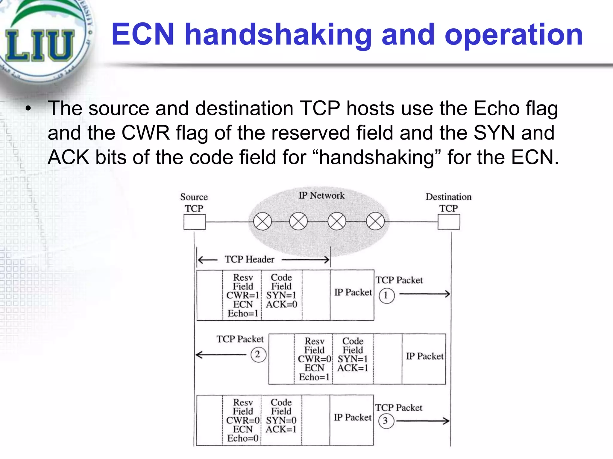 ECN handshaking and operation
• The source and destination TCP hosts use the Echo flag
and the CWR flag of the reserved field and the SYN and
ACK bits of the code field for “handshaking” for the ECN.

 
