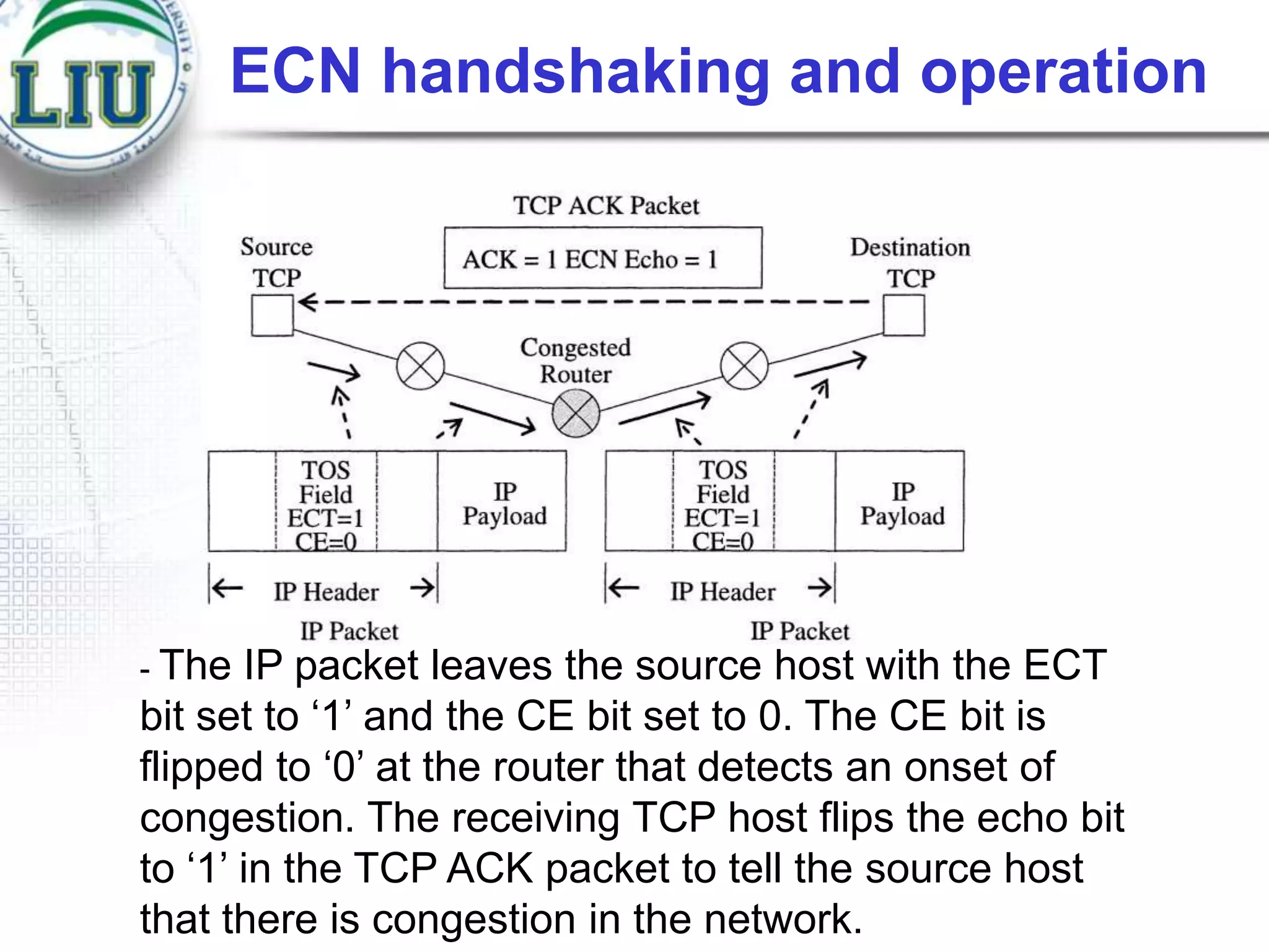 ECN handshaking and operation

- The

IP packet leaves the source host with the ECT
bit set to „1‟ and the CE bit set to 0. The CE bit is
flipped to „0‟ at the router that detects an onset of
congestion. The receiving TCP host flips the echo bit
to „1‟ in the TCP ACK packet to tell the source host
that there is congestion in the network.

 