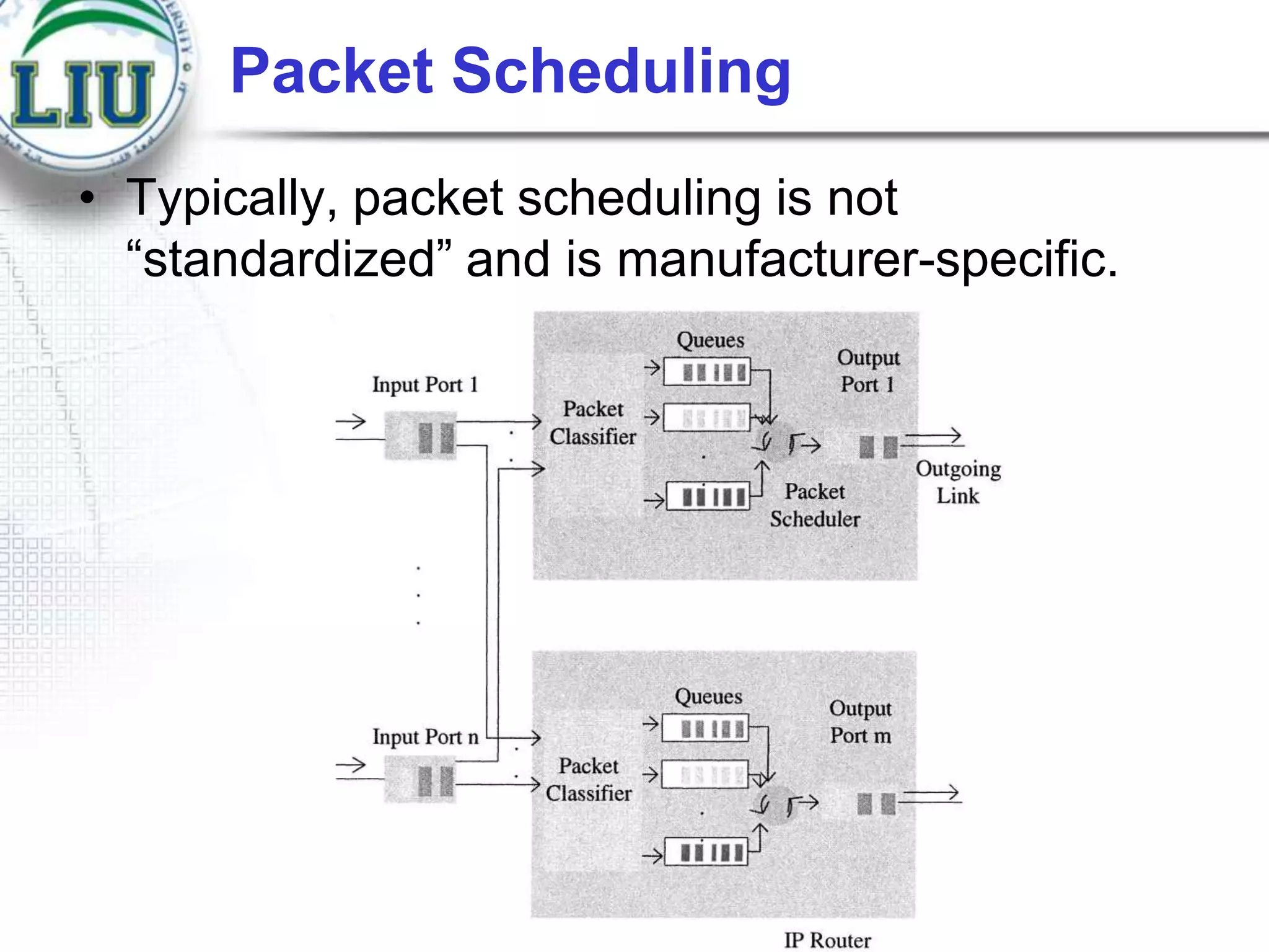 Packet Scheduling
• Typically, packet scheduling is not
“standardized” and is manufacturer-specific.

 