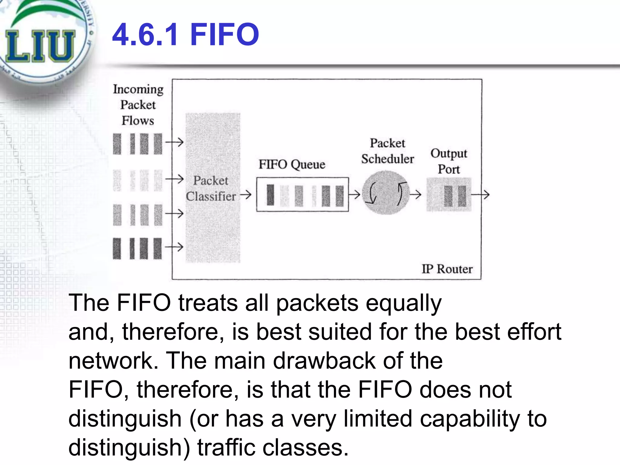 4.6.1 FIFO

The FIFO treats all packets equally
and, therefore, is best suited for the best effort
network. The main drawback of the
FIFO, therefore, is that the FIFO does not
distinguish (or has a very limited capability to
distinguish) traffic classes.

 