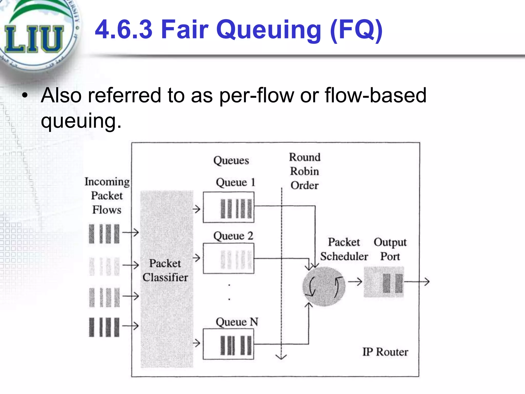 4.6.3 Fair Queuing (FQ)
• Also referred to as per-flow or flow-based
queuing.

 