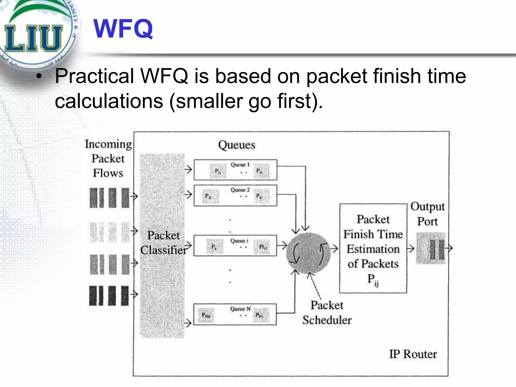 WFQ
• Practical WFQ is based on packet finish time
calculations (smaller go first).

 
