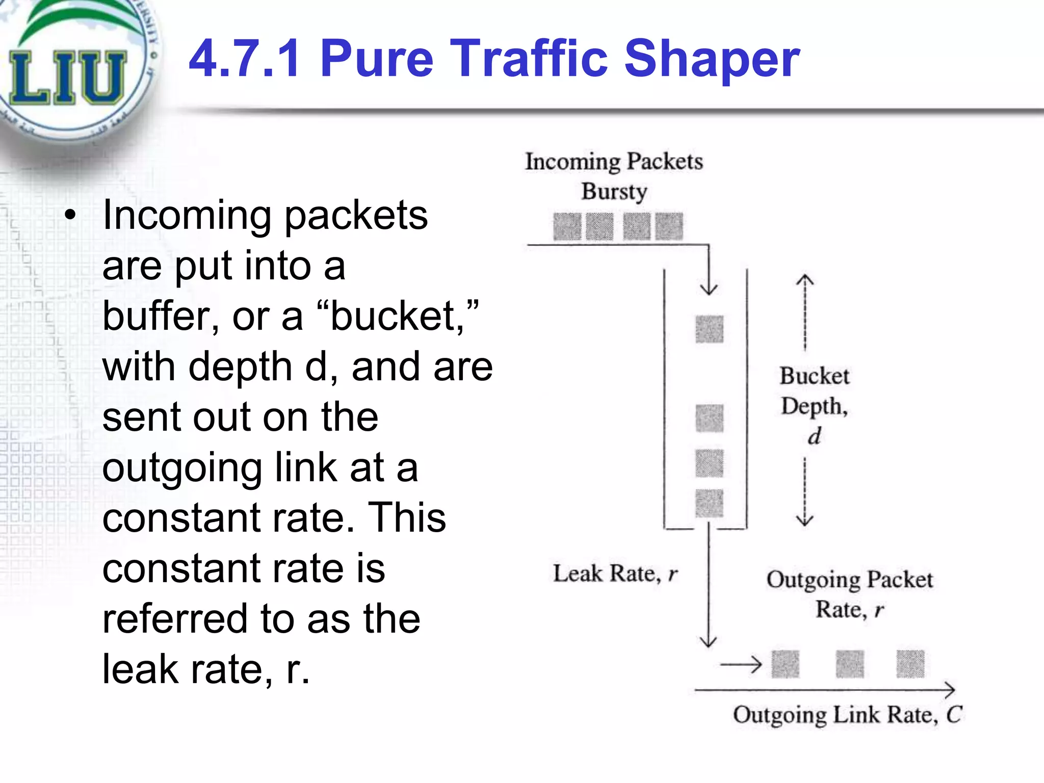 4.7.1 Pure Traffic Shaper
• Incoming packets
are put into a
buffer, or a “bucket,”
with depth d, and are
sent out on the
outgoing link at a
constant rate. This
constant rate is
referred to as the
leak rate, r.

 