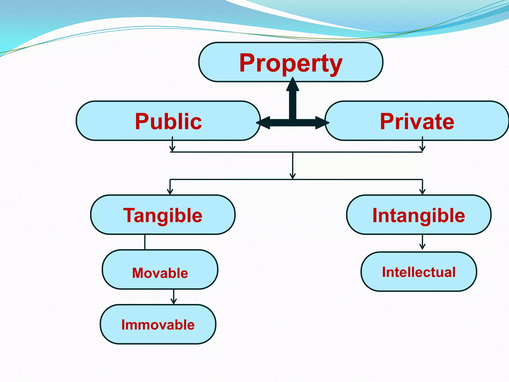 Property

 Public                Private



Tangible               Intangible

 Movable                Intellectual


Immovable
 