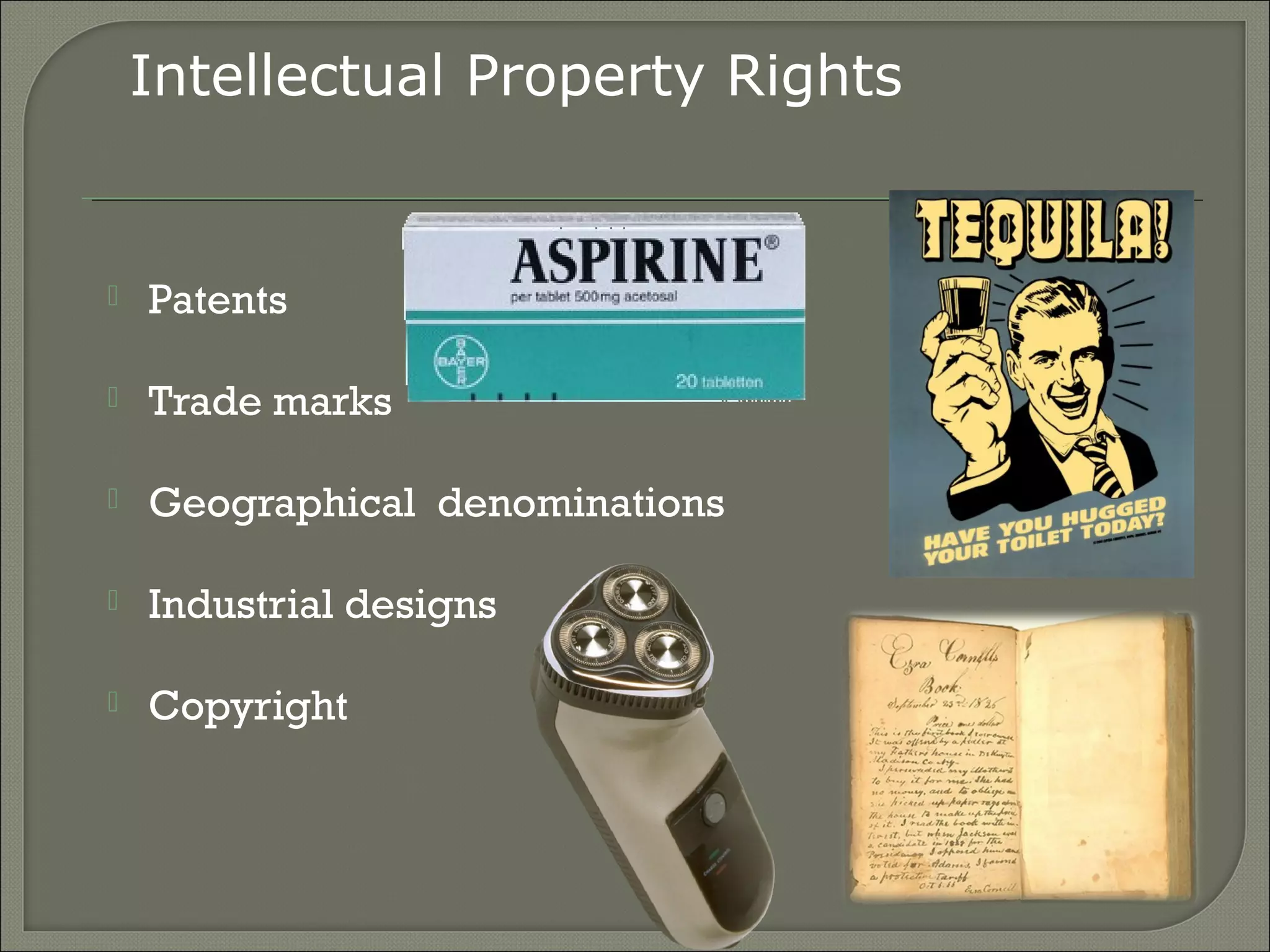 Intellectual Property Rights
 Patents
 Trade marks
 Geographical denominations
 Industrial designs
 Copyright
 