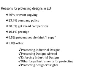 Reasons for protecting designs in EU
❖70% prevent copying
❖23.4% company policy
❖20.3% get ahead competition
❖10.1% prestige
❖6.5% prevent people think “I copy”
❖5.8% other
✔Protecting Industrial Designs
✔Protecting Designs Abroad
✔Enforcing Industrial Designs
✔Other Legal Instruments for protecting
✔Protecting designer’s rights
 