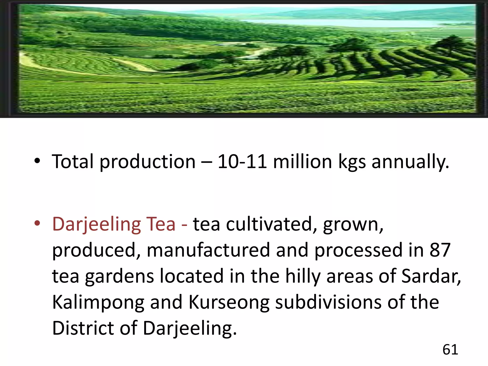 • Total production – 10-11 million kgs annually.
• Darjeeling Tea - tea cultivated, grown,
produced, manufactured and processed in 87
tea gardens located in the hilly areas of Sardar,
Kalimpong and Kurseong subdivisions of the
District of Darjeeling.
61
 