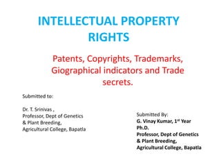 INTELLECTUAL PROPERTY
RIGHTS
Patents, Copyrights, Trademarks,
Giographical indicators and Trade
secrets.
Submitted to:
Dr. T. Srinivas ,
Professor, Dept of Genetics
& Plant Breeding,
Agricultural College, Bapatla
Submitted By:
G. Vinay Kumar, 1st Year
Ph.D.
Professor, Dept of Genetics
& Plant Breeding,
Agricultural College, Bapatla
 