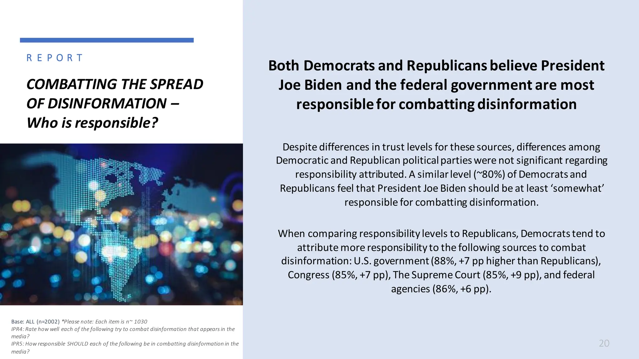 COMBATTING THE SPREAD
OF DISINFORMATION –
Who is responsible?
Despitedifferences in trust levels for thesesources, differences among
Democratic and Republican politicalpartieswere not significant regarding
responsibility attributed. A similarlevel (~80%) of Democratsand
Republicans feel that President Joe Biden should be at least ‘somewhat’
responsible for combatting disinformation.
When comparing responsibilitylevels to Republicans, Democratstend to
attributemoreresponsibilityto the following sources to combat
disinformation:U.S. government(88%, +7 pp higher than Republicans),
Congress (85%, +7 pp), TheSupremeCourt (85%, +9 pp), and federal
agencies (86%, +6 pp).
20
Base: ALL (n=2002) *Please note: Each item is n~ 1030
IPR4: Rate how well each of the following try to combat disinformation that appears in the
media?
IPR5: How responsible SHOULD each of the following be in combatting disinformation in the
media?
Both Democrats and Republicansbelieve President
Joe Biden and the federal government are most
responsiblefor combatting disinformation
R E P O R T
 