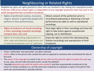 Neighbouring or Related Rights
Neighboring rights are rights granted to other who are involved in the making the copyrighted public.
Protection offered by related rights is independent of any copyright protection that may exist in the
works being performed, recorded or broadcast.
▪ Rights of performers (actors, musicians,
singers, dancers or generally people who
perform in their performances;
Obtain consent of the performer prior to
recording broadcasting or delivering a live per
performance by cable as well as reproduced
recordings
▪ Rights of producers of sound recordings
in their recordings (cassette recordings,
compact discs, etc); and
Have legal rights in their recordings and have the
right to take action against unauthorized
copying, use or distribution
▪ Rights of broadcasting organizations in
their radio and television pogramme and
in internet broadcasts such as ‘podcasts’
Enjoy the right to control the rebroadcasting,
fixation (recording) and reproduction of their
broadcasts
Ownership of copyright
• Terms “authorship” and ownership” are often confused
• Author refers to the person who created the work as opposed to someone who contributed the idea of
the work
• The owner of the copyright in a work is the person who has the exclusive rights to exploit the work e.g.
to use, copy, sell and make derivative works usually the publisher
• Copyright generally rests with the author who created it and then automatically transferred to the
owner on certain conditions viz. a) if the work was created by an employee as apart of his job b) if the
work was commissioned or specially ordered.
 