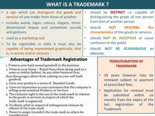 WHAT IS A TRADEMARK ?
▪ a sign which can distinguish the goods and
services of one trader from those of another
▪ includes words, logos, colours, slogans, three-
dimensional shapes and sometimes sounds
and gestures
▪ used as a marketing tool
▪ To be registrable in India it must also be
capable of being represented graphically, that
is, in words and/or pictures
• should be DISTINCT i.e. capable of
distinguishing the goods of one person
from that of another person
• should NOT DESCRIBE the
characteristics of the goods or services
• should NOT BE DECEPTIVE or cause
confusion to the public
• should NOT BE SCANDALOUS or
obscene;
TERM/DURATION OF
TRADEMARK
• 10 years however may be
renewed subject to payment
of prescribed fees.
• Application for renewal must
be submitted within six
months from the expiry of the
last registration of the
Trademark
 