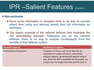 IPR –Salient Features (Contd..)
❖ Non-exclusive
❖ Once some information is revealed there is no way to exclude
others from using and deriving benefit from the information so
disclosed.
❖ The classic example of the national defense best illustrates the
non excludability principle. Taxpayers pay for the national
defense, there is no way to exclude no-taxpayers from the
benefits of that defense system.
Physical Property Intellectual Property
Protected by Possession Creations of mind, such as an idea for an
invention or a piece of music, cannot like
physical objects, be protected against others'
use. Once the IPR is available for the public, its
creator can no longer exercise control over it.
 